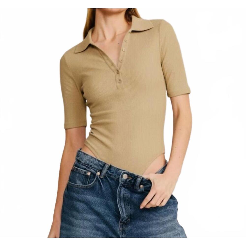 NEW BELLE D'AMOUR short sleeve collared bodysuit in khaki